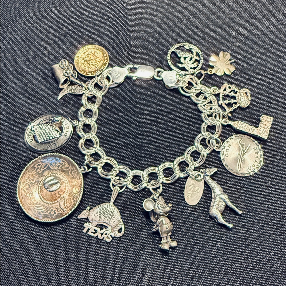 VTG Charm Bracelet Sterling 925 With 14 Charms 48.3 G Silver PR Texas Sombrero